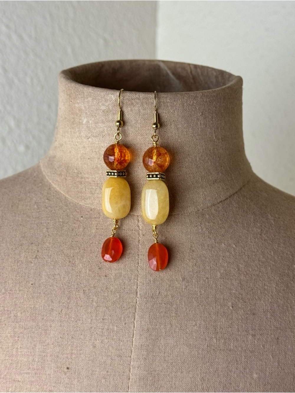 Handcrafted Yellow Agate, Citrine and Carnelian Bead Drop Earrings - Gold Tone